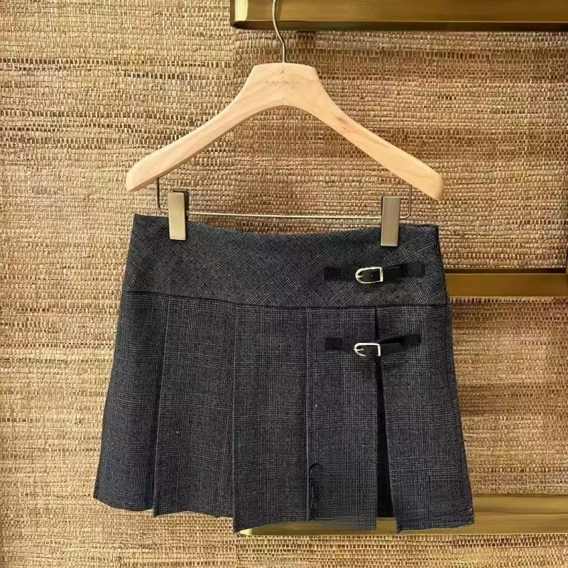   Frühen Herbst Retro Plaid Diamant Verziert Leder Taille Taste f Rock frauen Faion Pendeln Hohe Taille Plissee