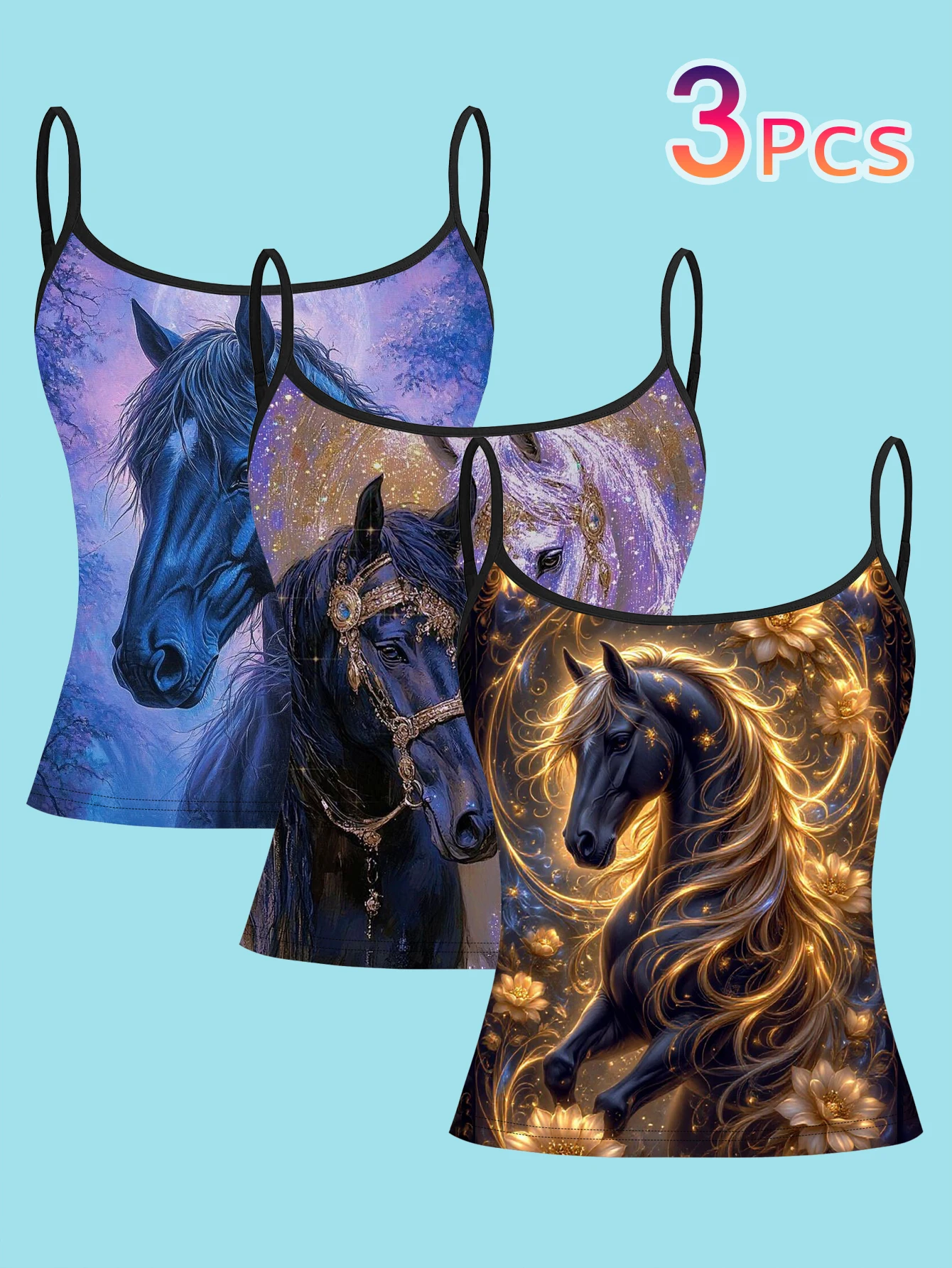 3-Pack of Printed Camisoles with Vintage Dreamy Black Horse Pattern, Slim-Fit, Flattering, Suitable for Outerwear or as a Base Layer, Sleeveless Tops
