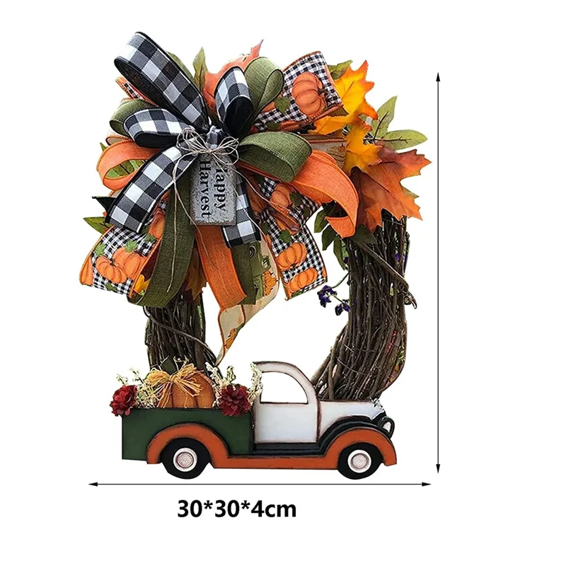 Halloween Wreath Wooden Pumpkin Truck Handmade, 30X30X4cm Autumn Harvest Vintage Farmhouse Thanksgiving Decorations