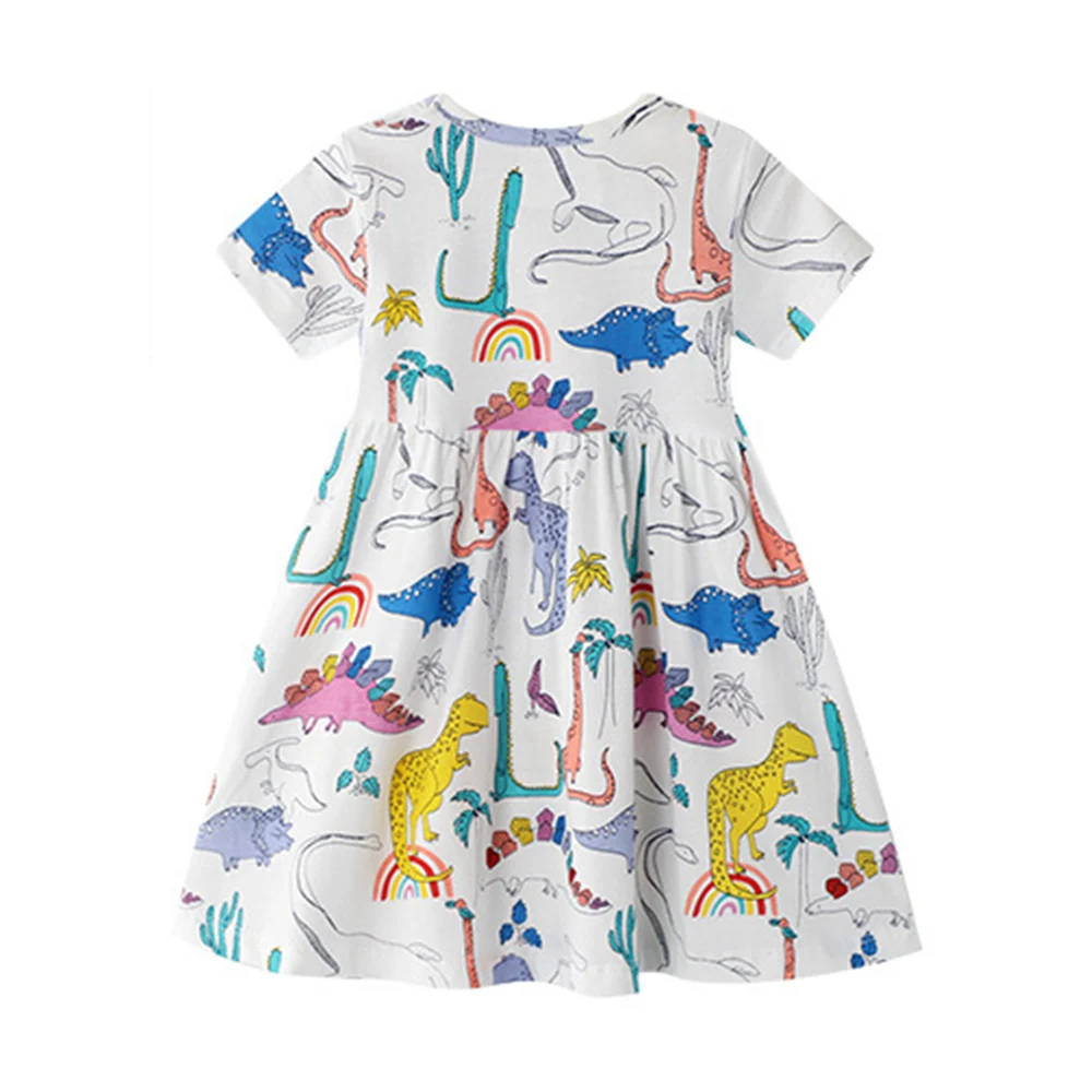 VIKITA Girls Dinosaur Dresses Kids Summer Cartoon Casual Straight Dress Children's Clothes Short Sleeve Fashion Princess Frocks