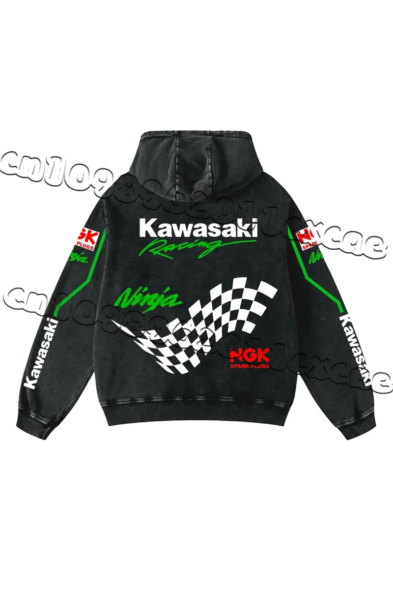 

Kawasaki Retro Style Hooded Sweatshirt for Men, Distressed, Washed, Printed, Daily Casual, Trendy, Cool, Travel, Sports Top