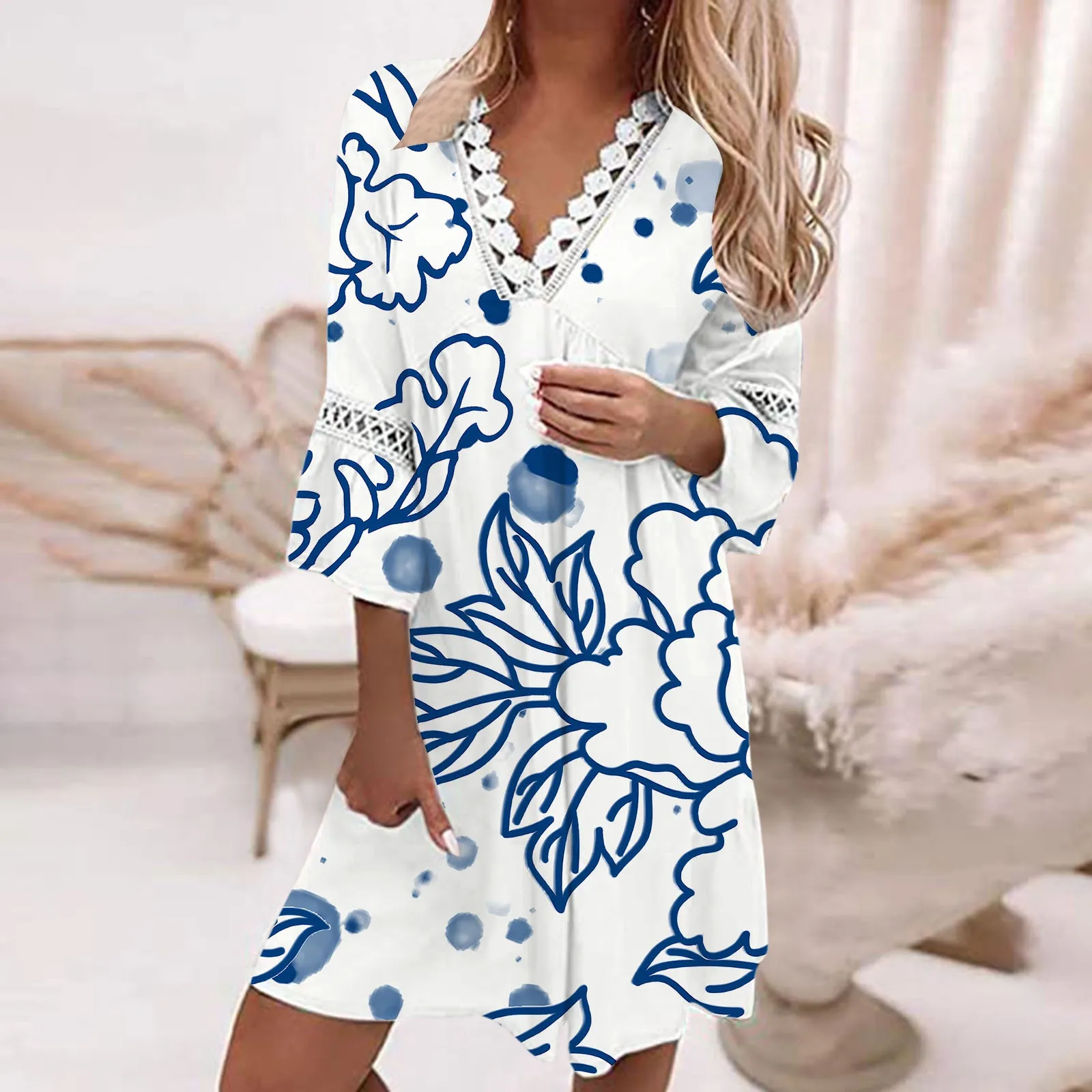 

Summer Dresses for Women 2024 Women Summer Dresses Lace Trim V Neck Printing Three Quarter Sleeves Dress Bohemian Mini Dress