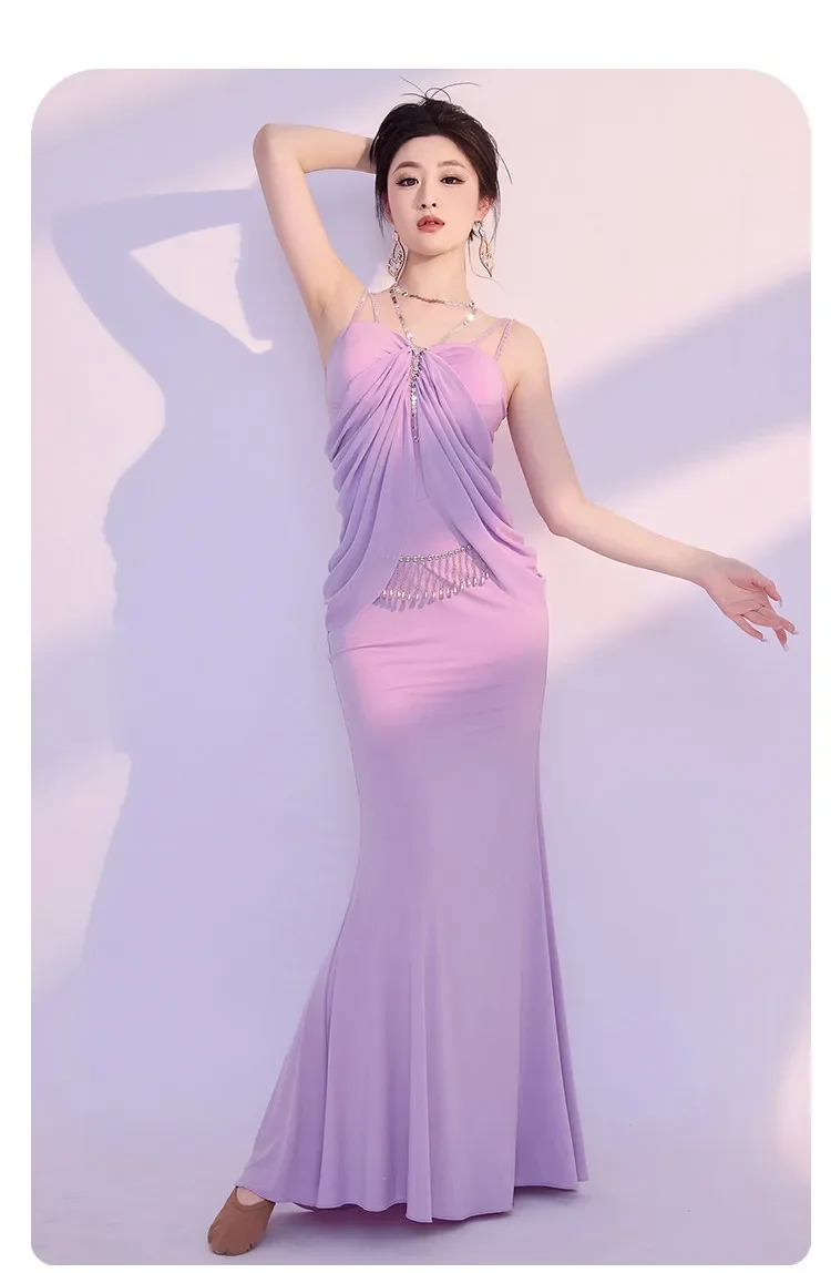 Neues Bauchtanz-Übungsoutfit, Trägerkleid, sexy Bauchbedeckung, orientalisches Tanzkostüm für Auftritte, professionelles Bauchtanz-Outfit. – Detail 11