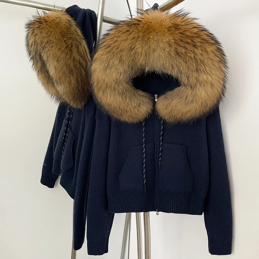 معطف الفرو الطبيعي كم طويل بلايز سترة للنساء متماسكة هوديي مع سترة كبيرة من فرو الثعلب الحقيقي سترة متماسكة جيوب بسحاب