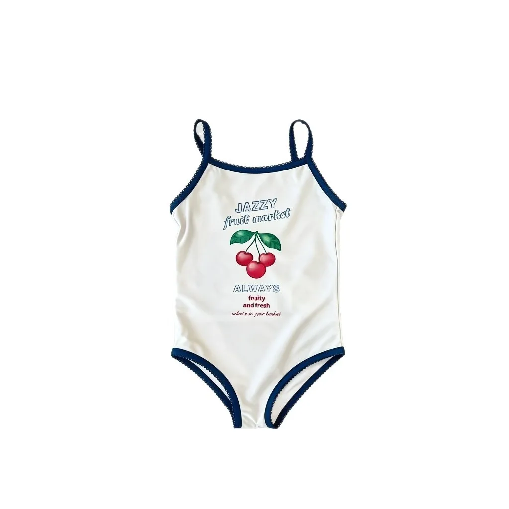 Summer 1-9 Years Baby Girls Suspenders Swimsuits Backless Cherry Printed One-piece Bikini Toddlers Kids Beach Swimwear  123