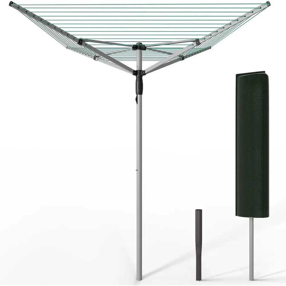 Adjustable 4-Level Outdoor Clothes Drying Rack with 45m Line, Ground Sleeve & Cover, Silver-Green