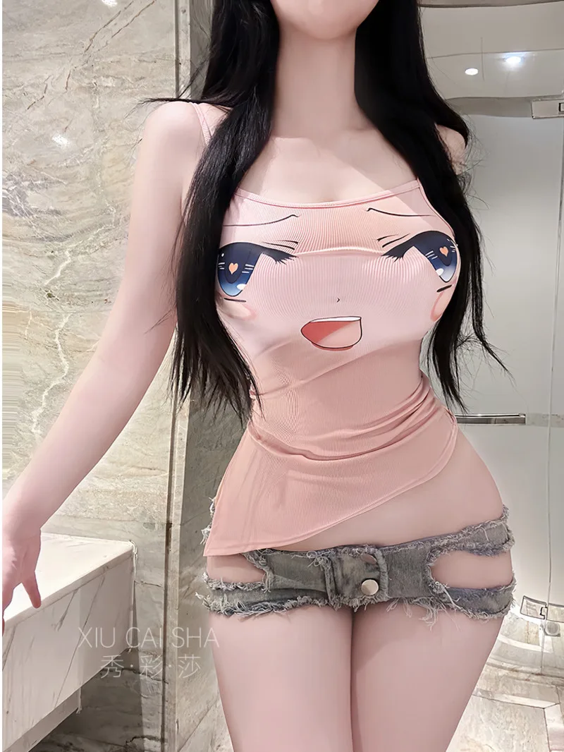 

Sweet Cute Girl Cartoon Vest Sexy Big Eyes Pure Desire Cotton Fashion Sexy Nightclub Tank Tops Pink 2024 New Top J26T