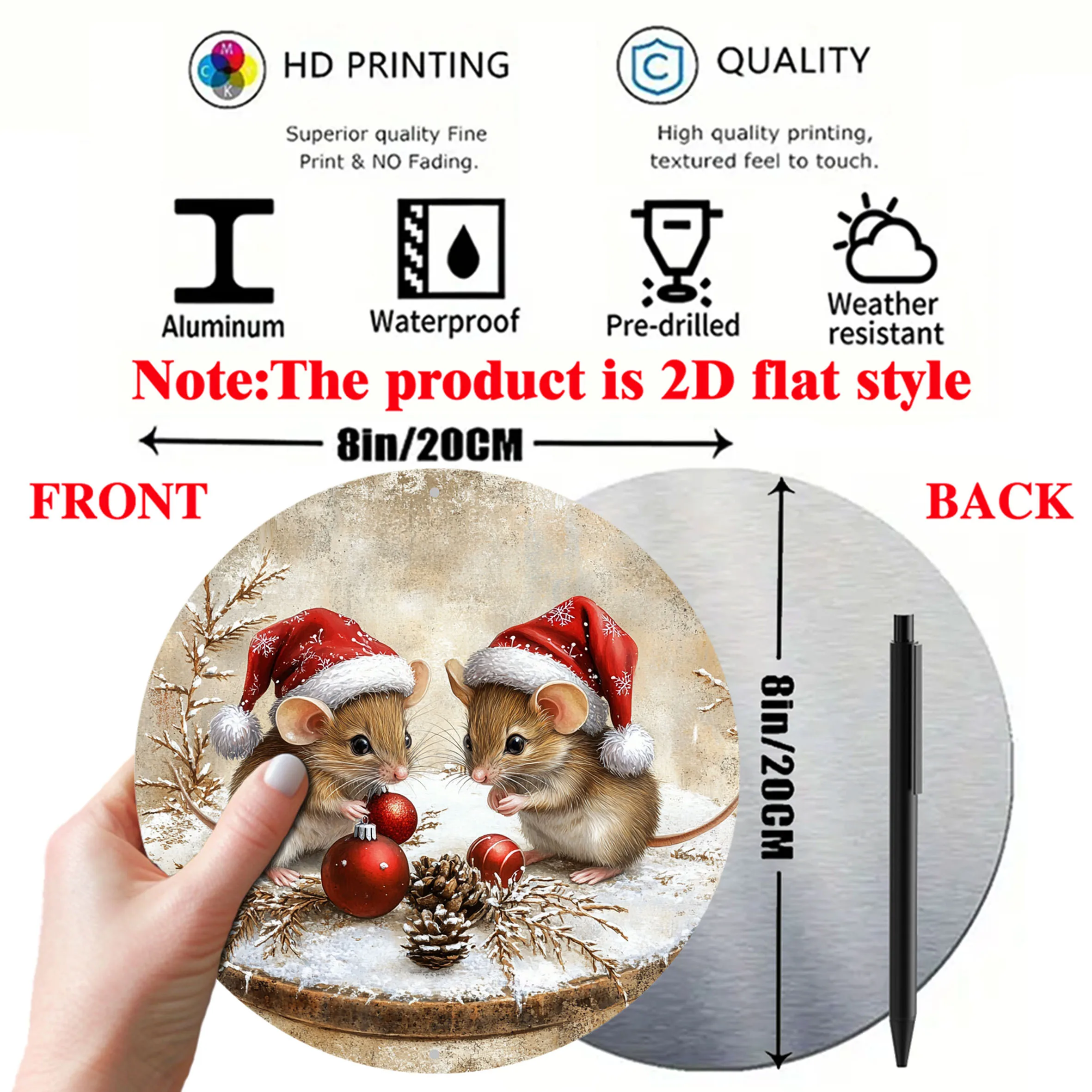 2D Flat - A Decorative Round Aluminum Sign Featuring a Retro Mouse in a Christmas Hat, Ideal for Enhancing The Ambiance