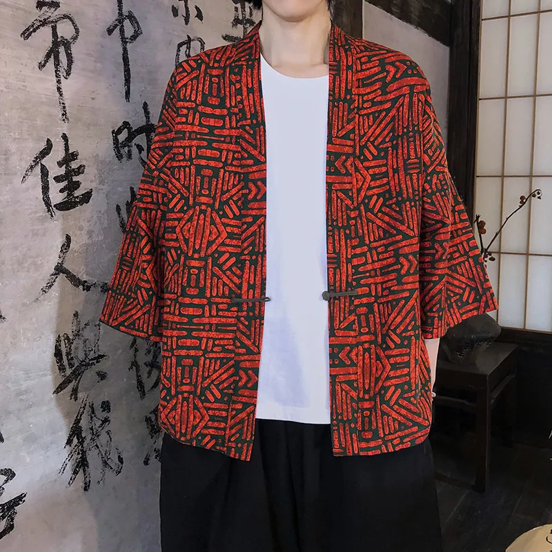 

2026 Summer Men Japanese Kimono Shirts Casual Open Stitch Lightweight Yukata Fashion Black Hanfu Cardigan 3/4 Sleeve Outwear