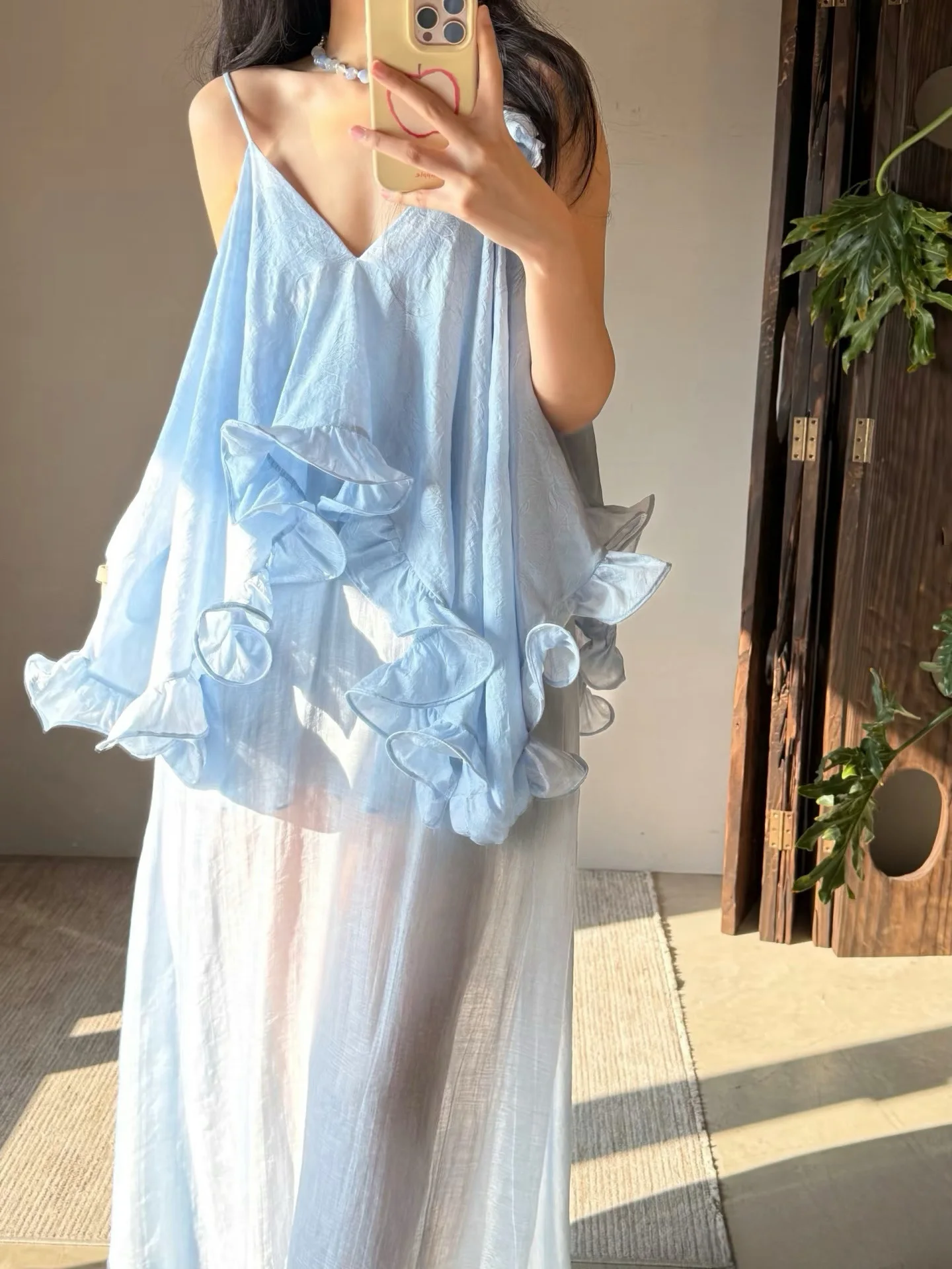 Women Flower Jacquard Sling Tops Ruffles Stitching Hem V-Neck Sleeveless Holiday Female Camisole