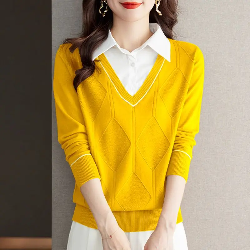 

Fake Two Piece Knitted Top Women's Spring Autumn New Turn Down Collar Long Sleeve Knittwear Loose Shirt Collar Sweater