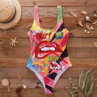 Traje de baño Sexy de una pieza para mujer, Monokini con estampado de labios rojos y llamas, traje de baño sin espalda, trajes de baño para playa 2025
