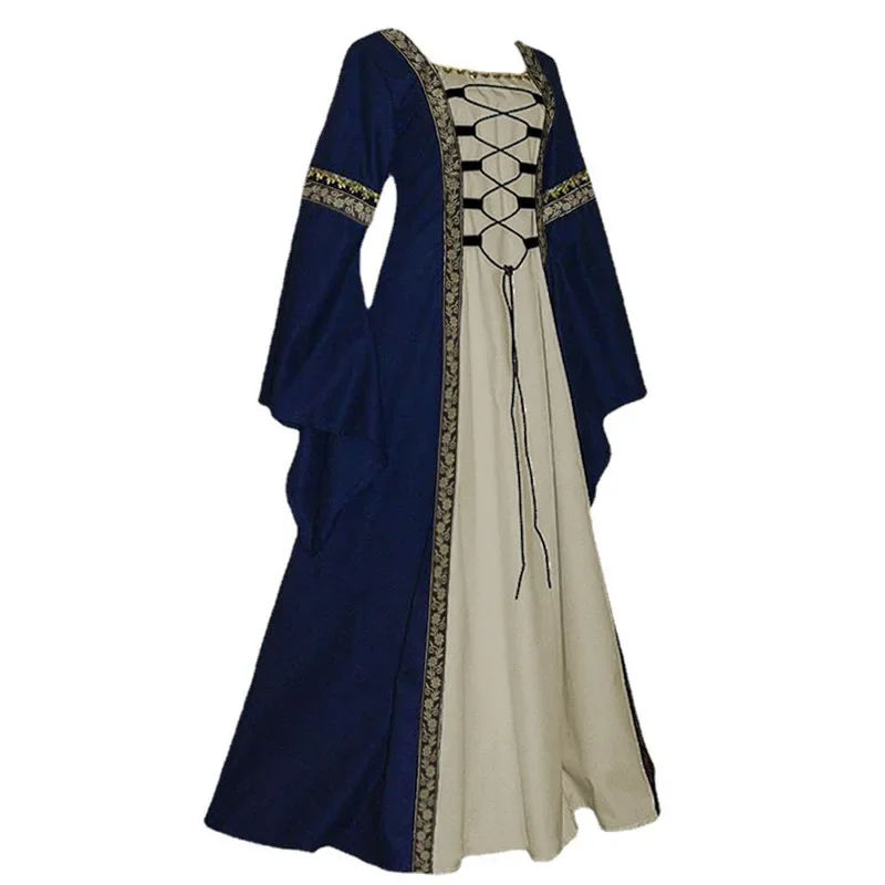 Abito da donna retrò gotico a maniche lunghe retrò celtico, costume cosplay da vampiro, abito elegante da regina a maniche lunghe senza spalline