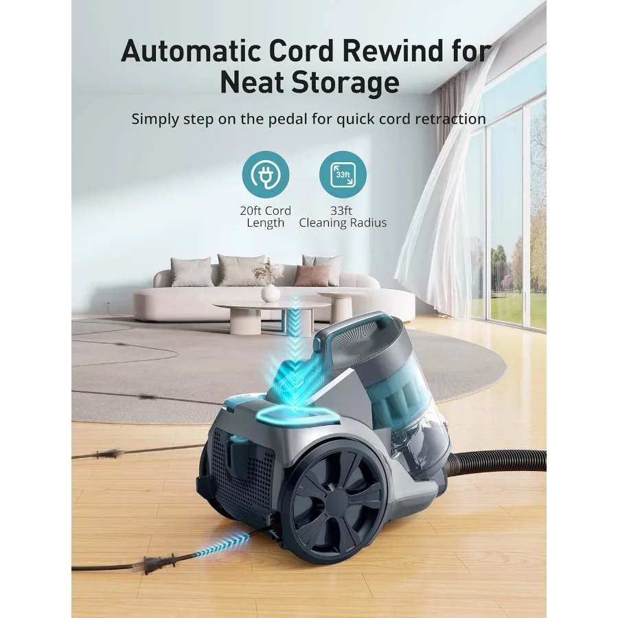 1700W 캐니스터 진공 청소기, 32Kpa 흡입력, 백리스 디자인, 멀티사이클론 필터 및 이중 항알레르기 기능 탑재