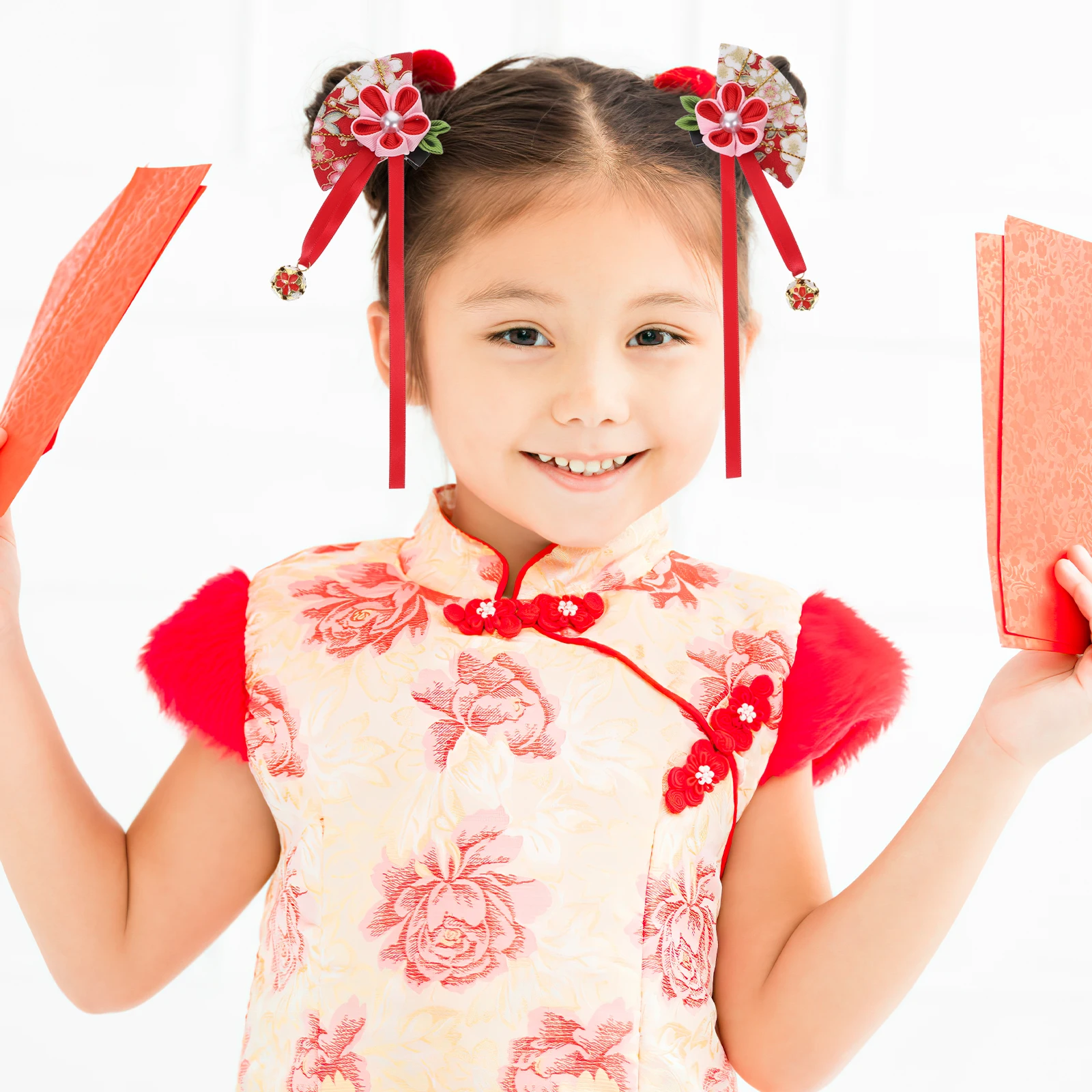

2pcs Cherry Clips Accessories Cheongsam Fan Design Suitable Hairstyle Birthday Performance