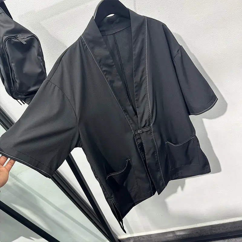 National Button Short Sleeve Shirt Men's Summer Thin Ice Silk Sun-Protective Clothing Loose Japanese Kimono Fashion