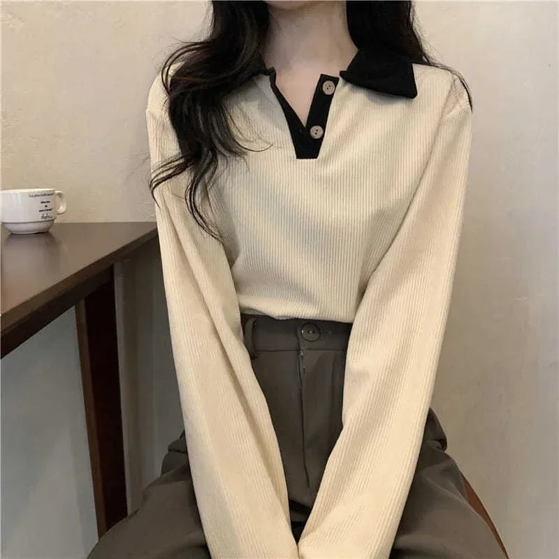

Casual Women T-shirts Korean Fashion Sweet Preppy Style Tops Female Autumn Long Sleeve Turn Down Collar Basic Pullovers Tees
