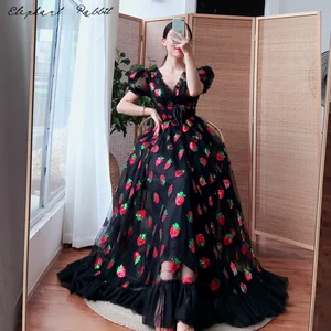 New in seal of strawberry mesh plusted maxi french style dress Deep V Puff Steeve sweet prince women's dress fashion night 10 Main Sales Strawberry Dress - №4