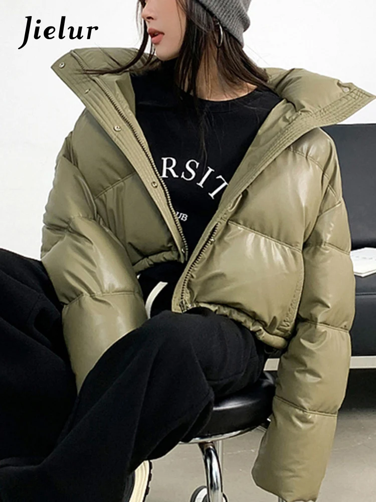 Jielur Pu Slim Thick Green Women Parkas Winter Stand Neck Chic Zipper Single Breasted Fashion Female Streetwear Solid Color Coat