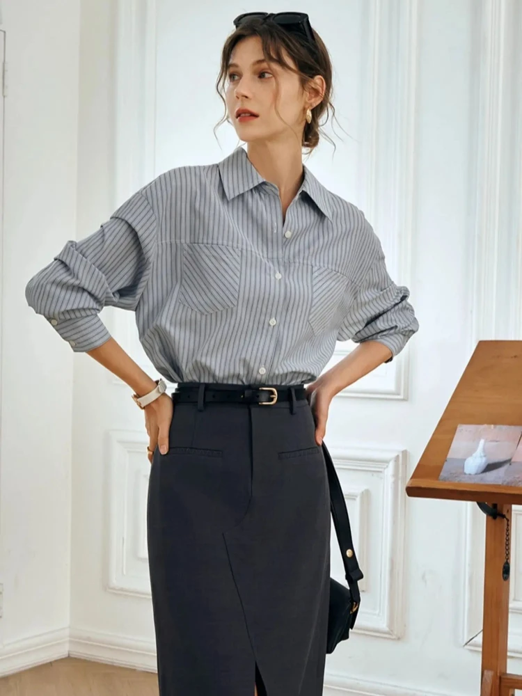 

OLrain Women's Striped Shirt 2025 French Turn-down Collar Female Blouses for Woman Office Lady Pocket Long Sleeve Top O57QC80183