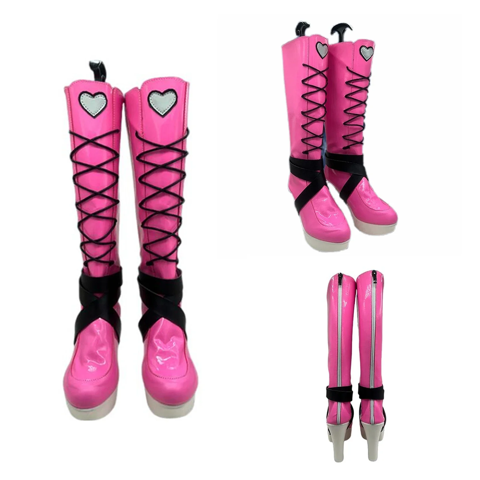 Girl Vampire Cosplay Shoes Anime Women Pink Knee High Boots Straps High Heels Shoes Halloween Costume Shoes