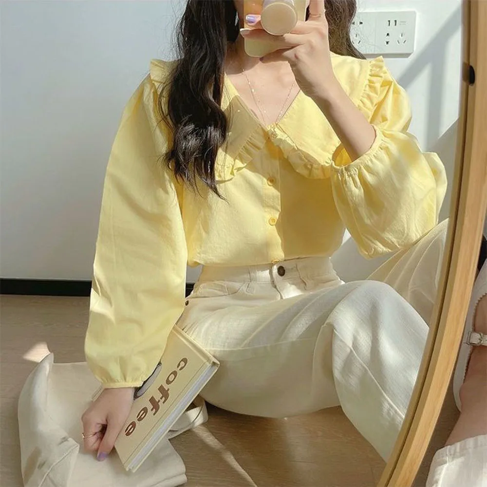 

Casual Solid Shirt Women's Spring Summer French Retro Doll Collar Puff Long Sleeved Top Single Breasted Versatile Shirt