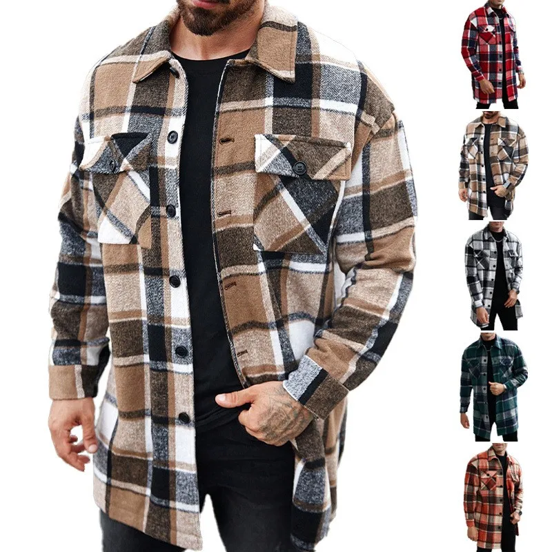 Men's Jacket Casual Plaid Shirt Coat Men's Winter Checkered Windbreaker Slim Fit Turn Down Collar Outerwear Pink Plaid Long