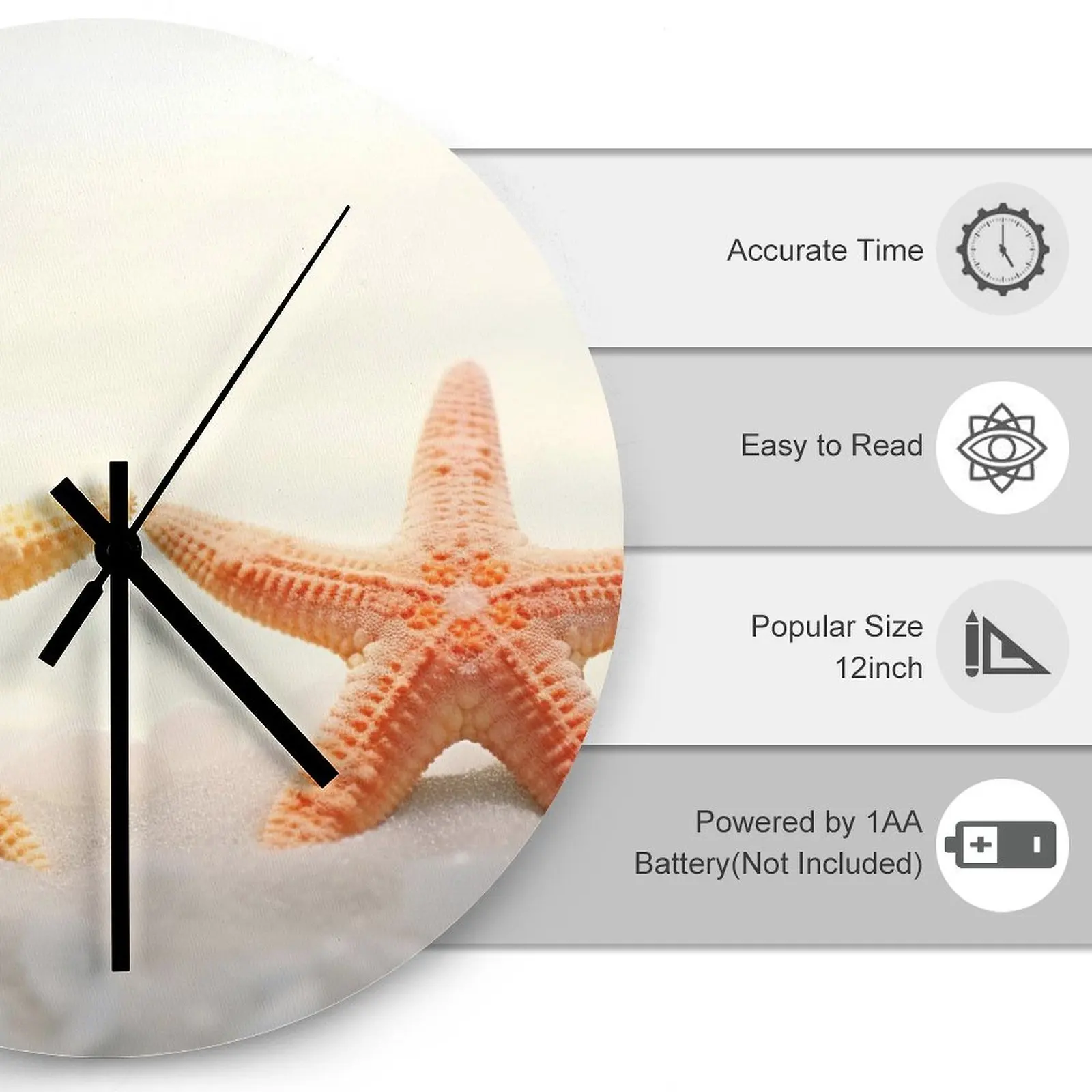 Garage Wall Clock Beach Starfish Sea star Clocks 12 inch Mute Fashion Round Patterned Wall Mounted Sporty