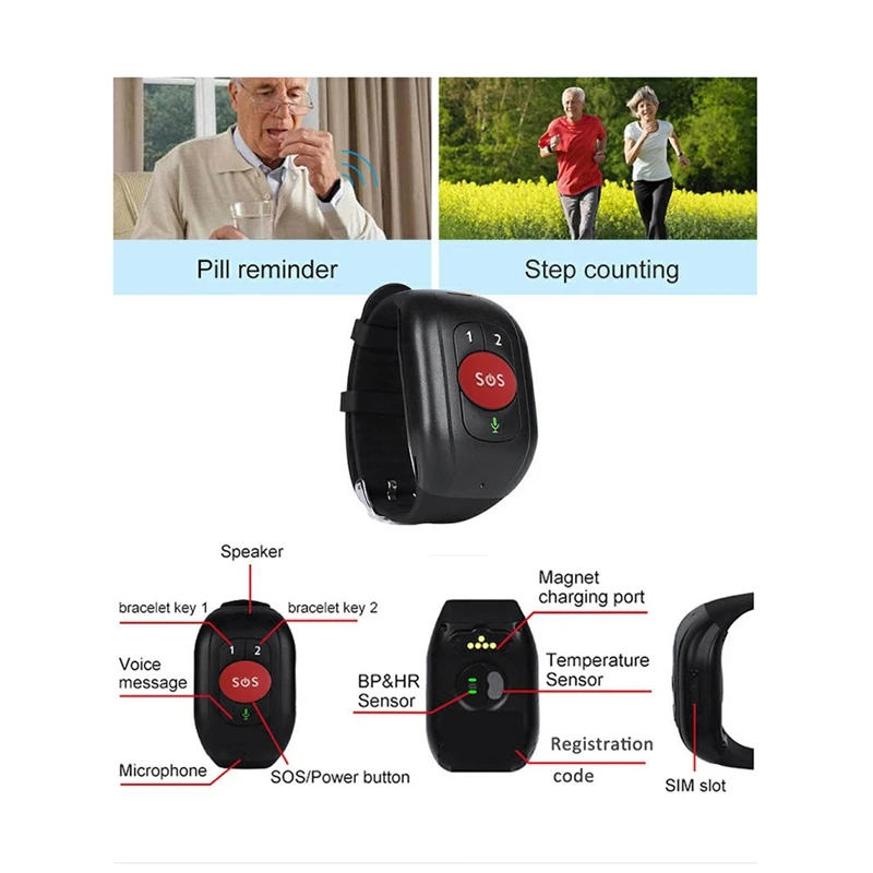 ●Elderly 4G SOS Watch GPS Tracking Wristband Bracelet Emergency Alarm GPS Tracking Heart Rate Blood Pressure Monitor-B