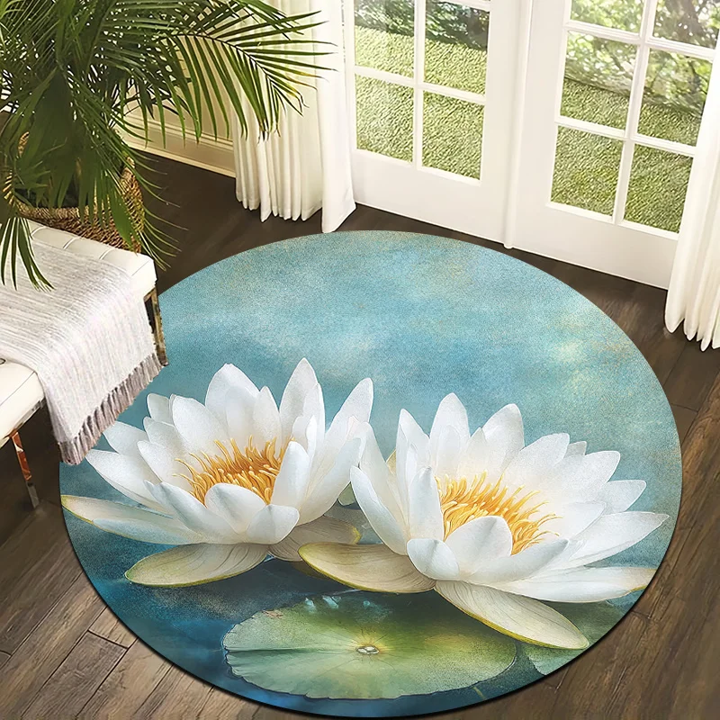 Vintage White Water Lily Round Rug  Teal Lake Background Circular Mat Non Slip Soft Floor Carpet Zen Style Bedroom Yoga Decor