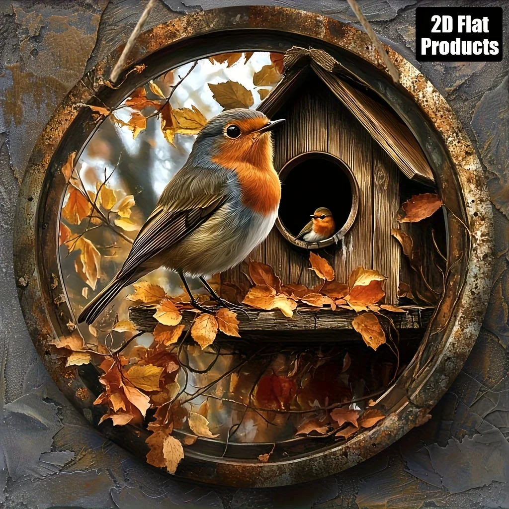 2D Flat, a Rural Round Wooden Decorative Sign with a Bird'S Nest Theme, Suitable for Porches, Gardens, Lawns, Kitchens, Cafes, F