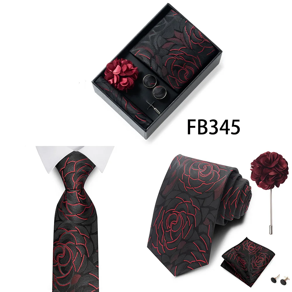 Neues Marken-Mode-Set: 8 cm Krawatte, Einstecktuch, Manschettenknöpfe und Brosche für Herren, Rot-Grau, Hochzeit, Geschenkbox, Passend für Partys – Detail 8