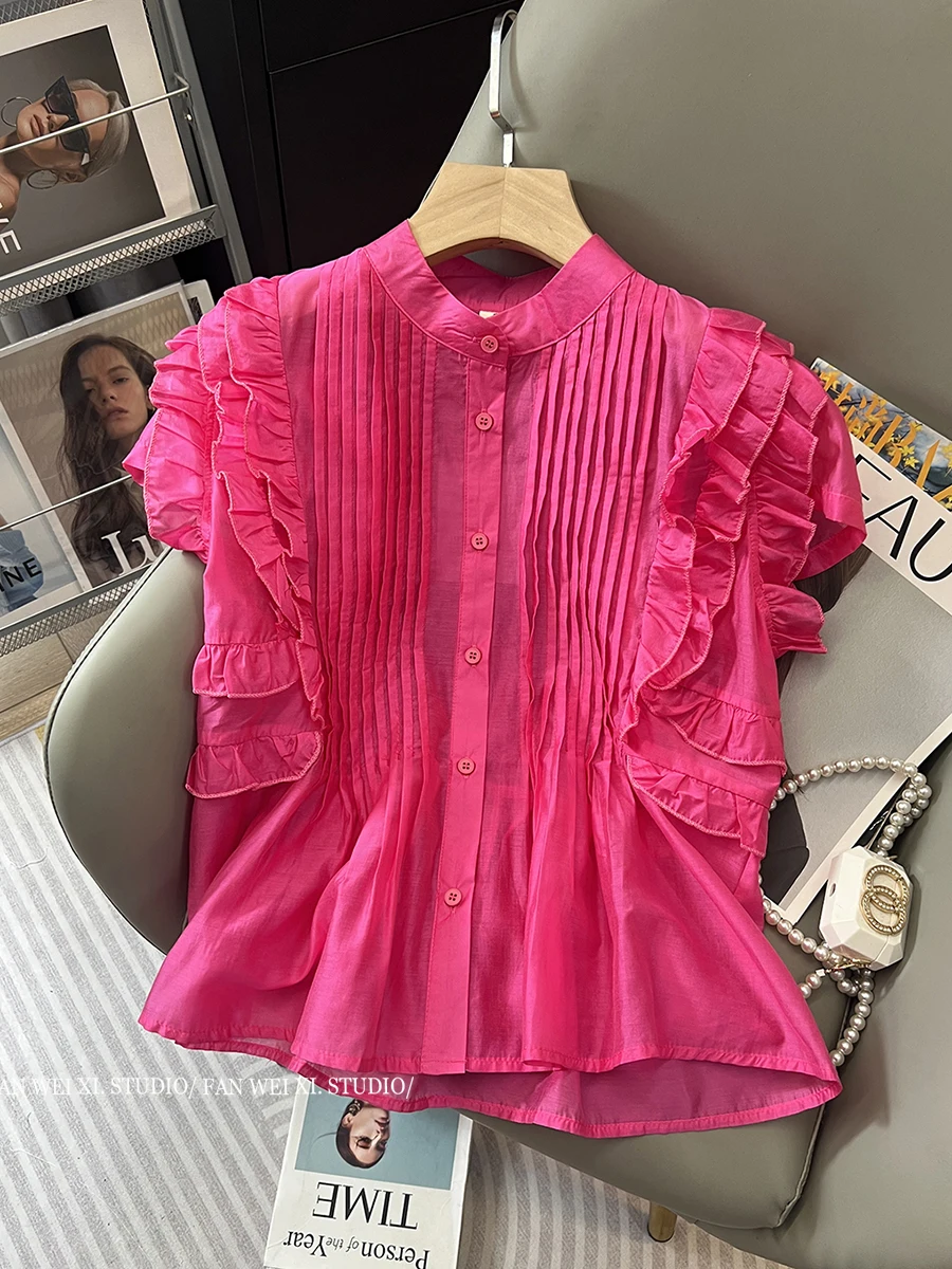 2024 Summer New French Fashion Slimming Pleated Stitching Stringy Selvedge Shirt Loose Lapel Blouse Elegant Sweet Women Tops