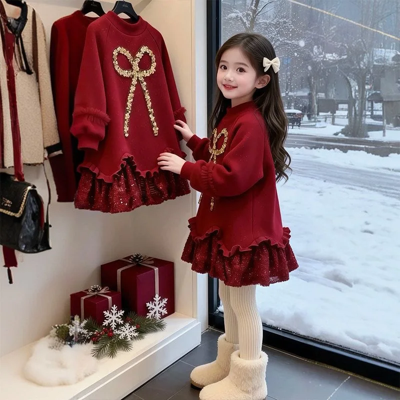 Spring/Autumn Long Sleeve Kid Party Retro Red Bow Princess Girls Patchwork Lace Teenager Dress 4 8 10 12 14 New Years Chinese