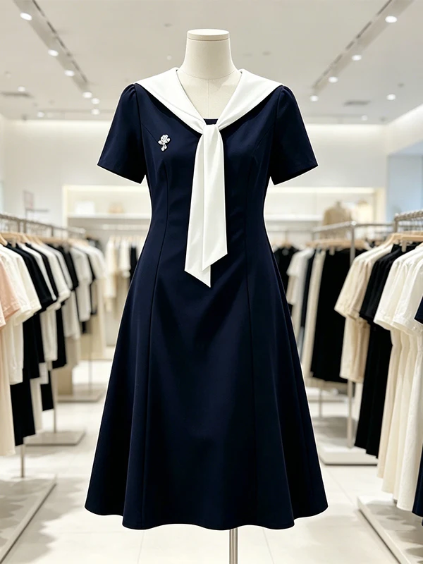 

Slimming Large Size Women's Dress Korean Style College Fashion Navy Collar Waist Cinching Mid-Length A-Line Skirt Dress
