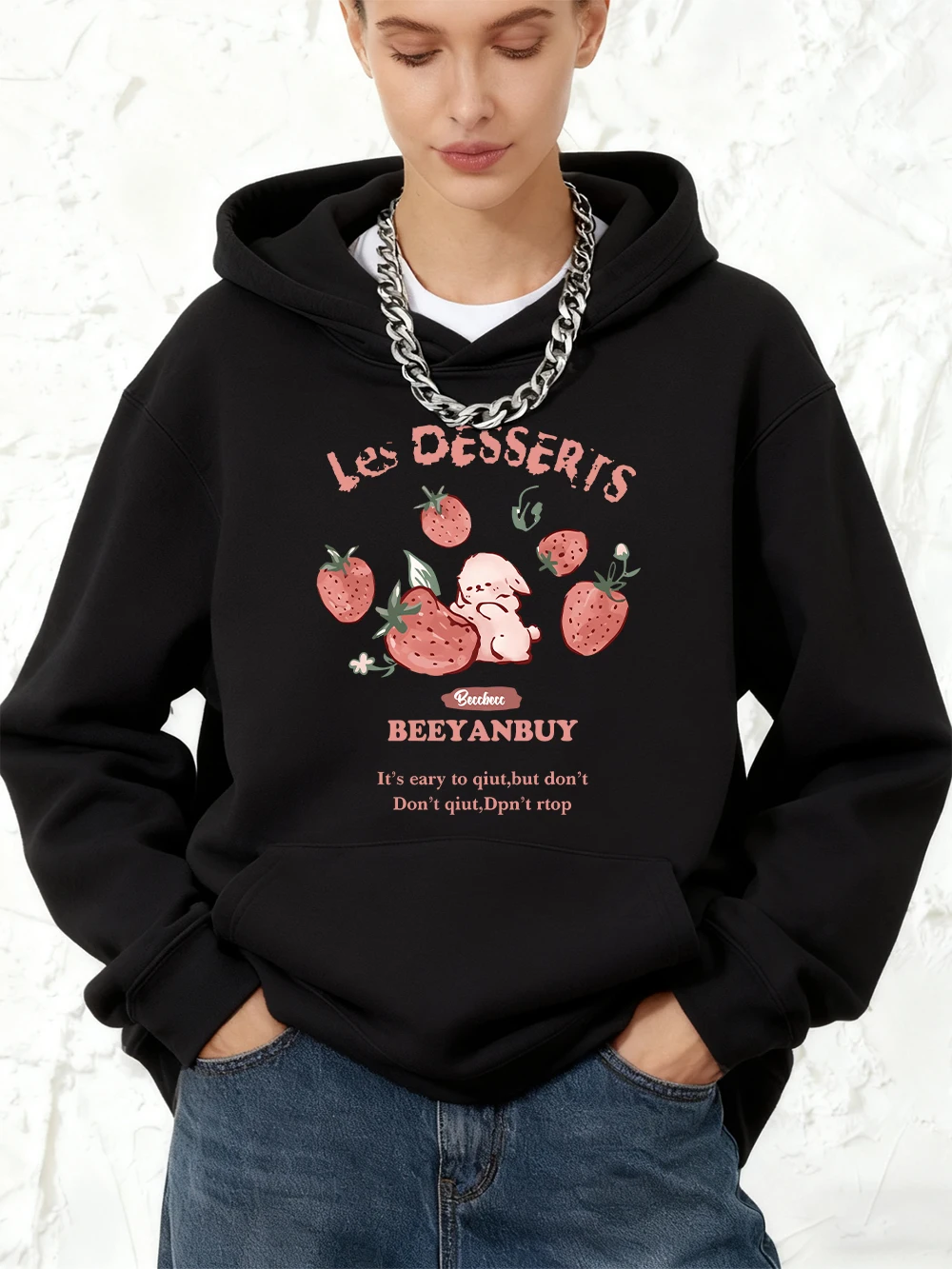 لطيف الفراولة والأرنب الطباعة هوديس القطن المرأة رياضي فضفاض البلوز الشتاء الصوف بلوزات الركض جيب الملابس #1