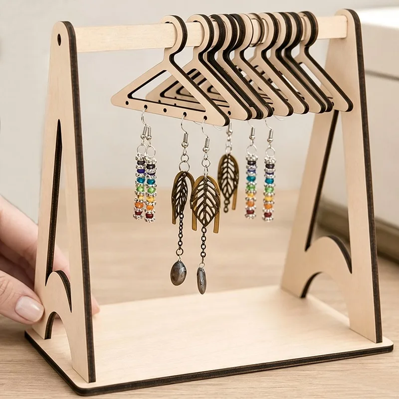Mini Hanger Wooden Earring Display Stand Jewelry Organizer Rack with Drilled Hooks for Studs Drops Hoops Tabletop Storage Decor