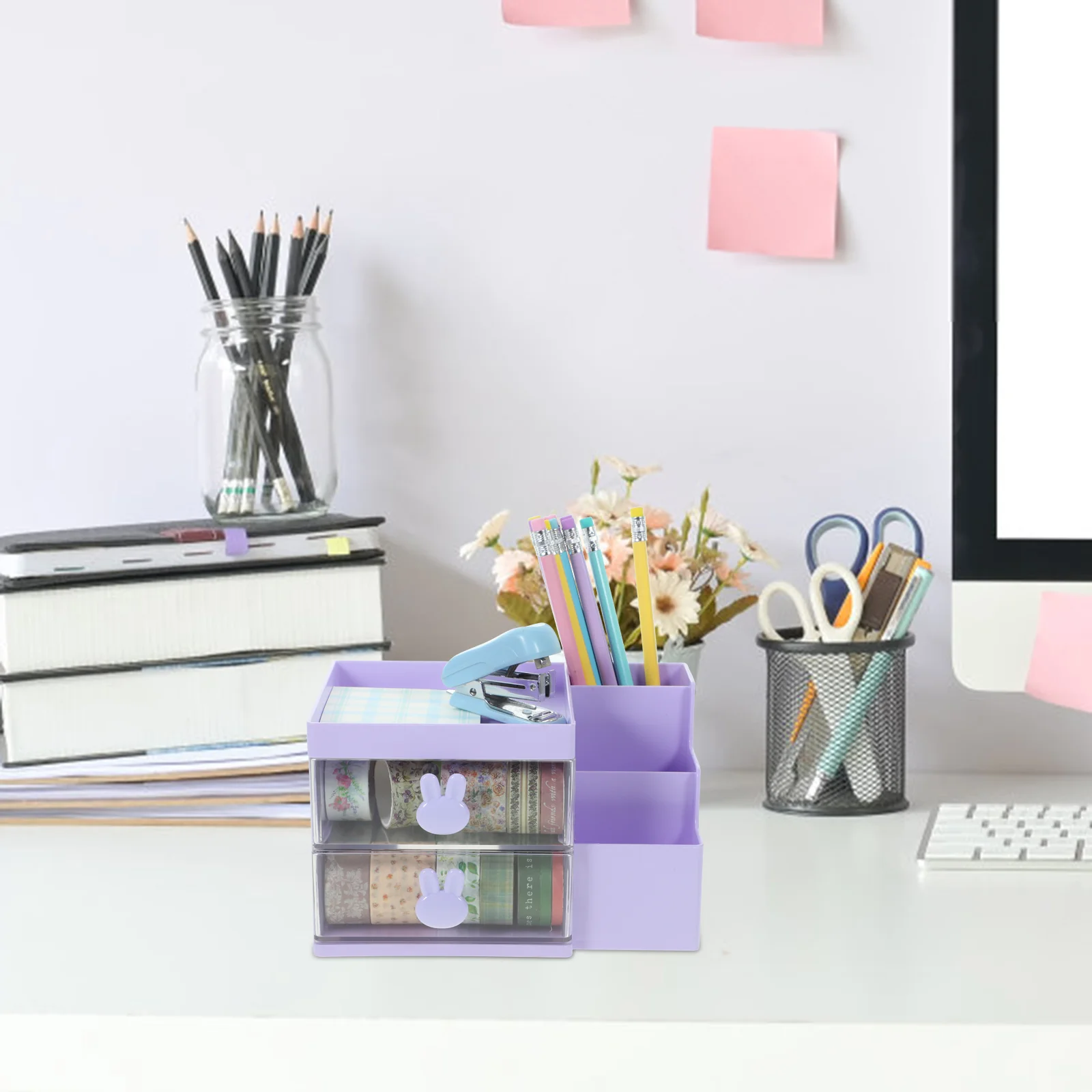 Desktop Pen Holder Storage Box Drawer-type Office Stationery Cosmetics Multi-Function Organizing Rack (White) Organizer