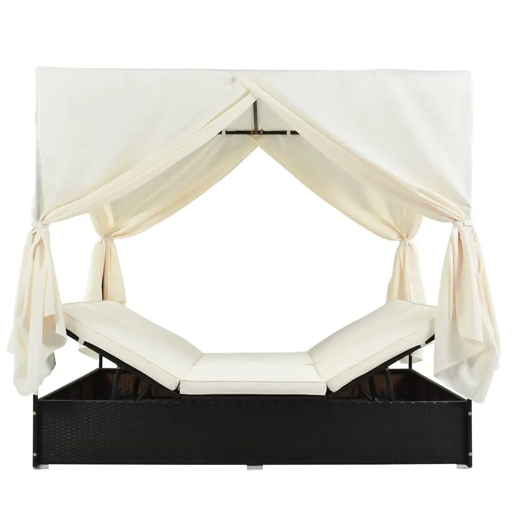 

Outdoor Canopy Bed Patio Daybed Sunbed with Retractable Canopy, Rattan Sun Lounger Patio Loveseat Sofa Set with Curtains Garden