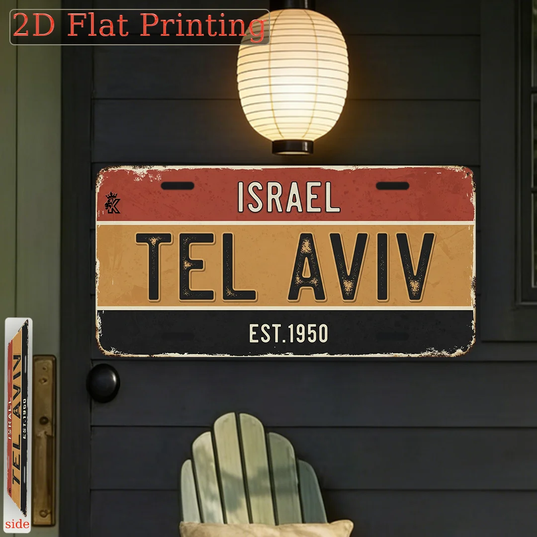 Vintage Israel Tel Aviv EST.1950 License Plate Style Metal Aluminum Plate Painting HD Print Bendable Wall Art Decor for Garage M