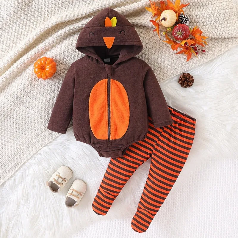 Newborn Infant Baby Boys Girls Thanksgiving Turkey Costume Hooded Plush Fleece Romper with Striped Legs Warm Winter 0 24M