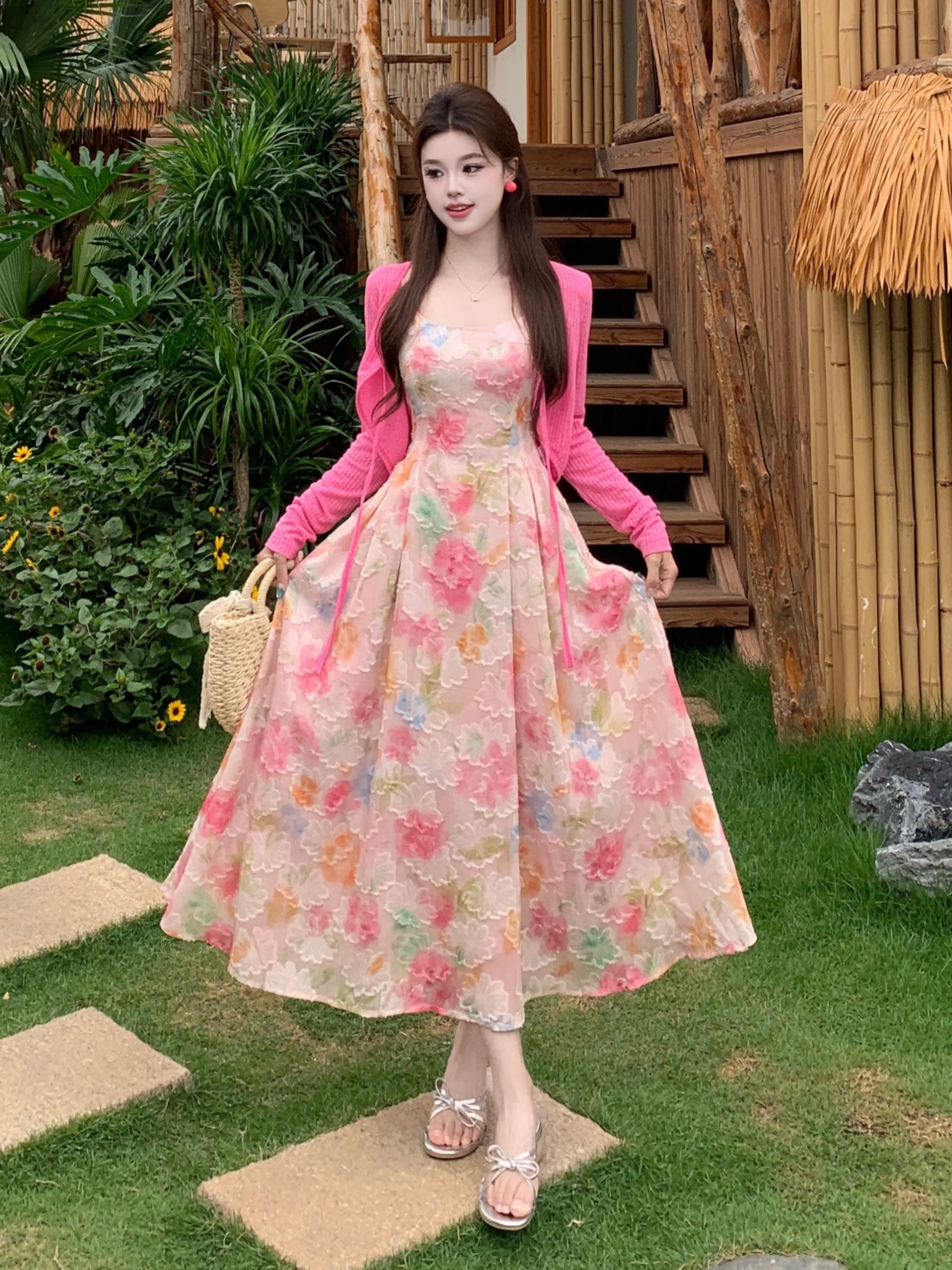 

plus Size Summer New Gentle Strap Dress Cardigan Fashion Set Women's Clothing Breathable Casual Style Floral Pattern