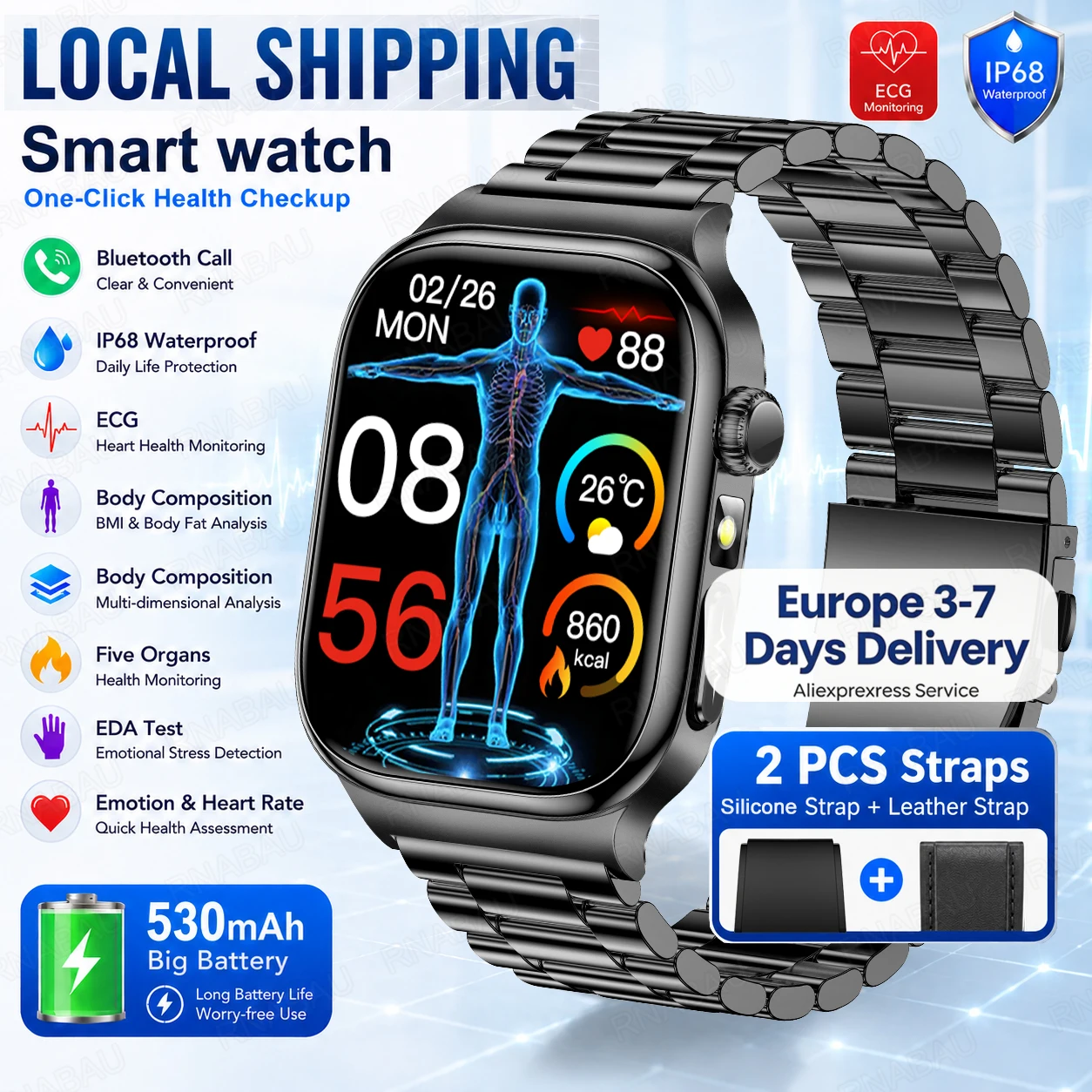2026 Neue Smartwatch mit Bluetooth-Anruf, EKG, Herzfrequenzmessung, Sportfunktionen, Außenbeleuchtung, IP68, Fitnessuhr für Männer, 2,04 Zoll AMOLED, lokaler Versand