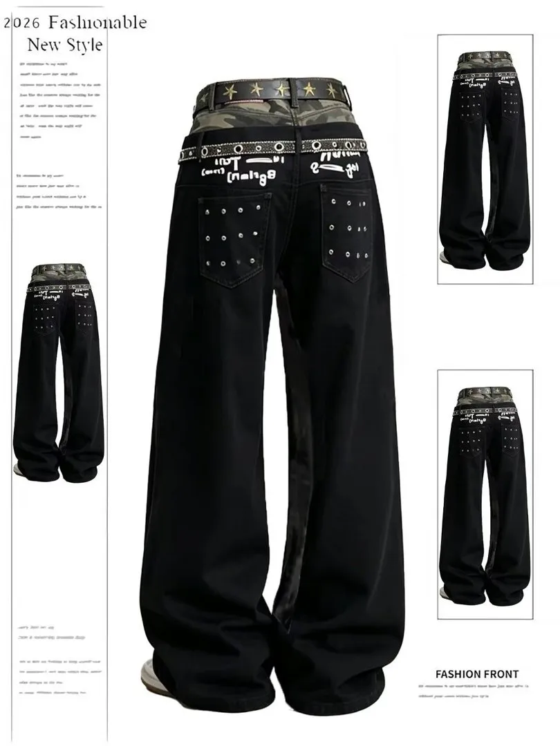 Street Design Mixed Camouflage Splicing Jeans Loose Flared Trousers for Men And Women Autumn New Style Double Waist Jeans