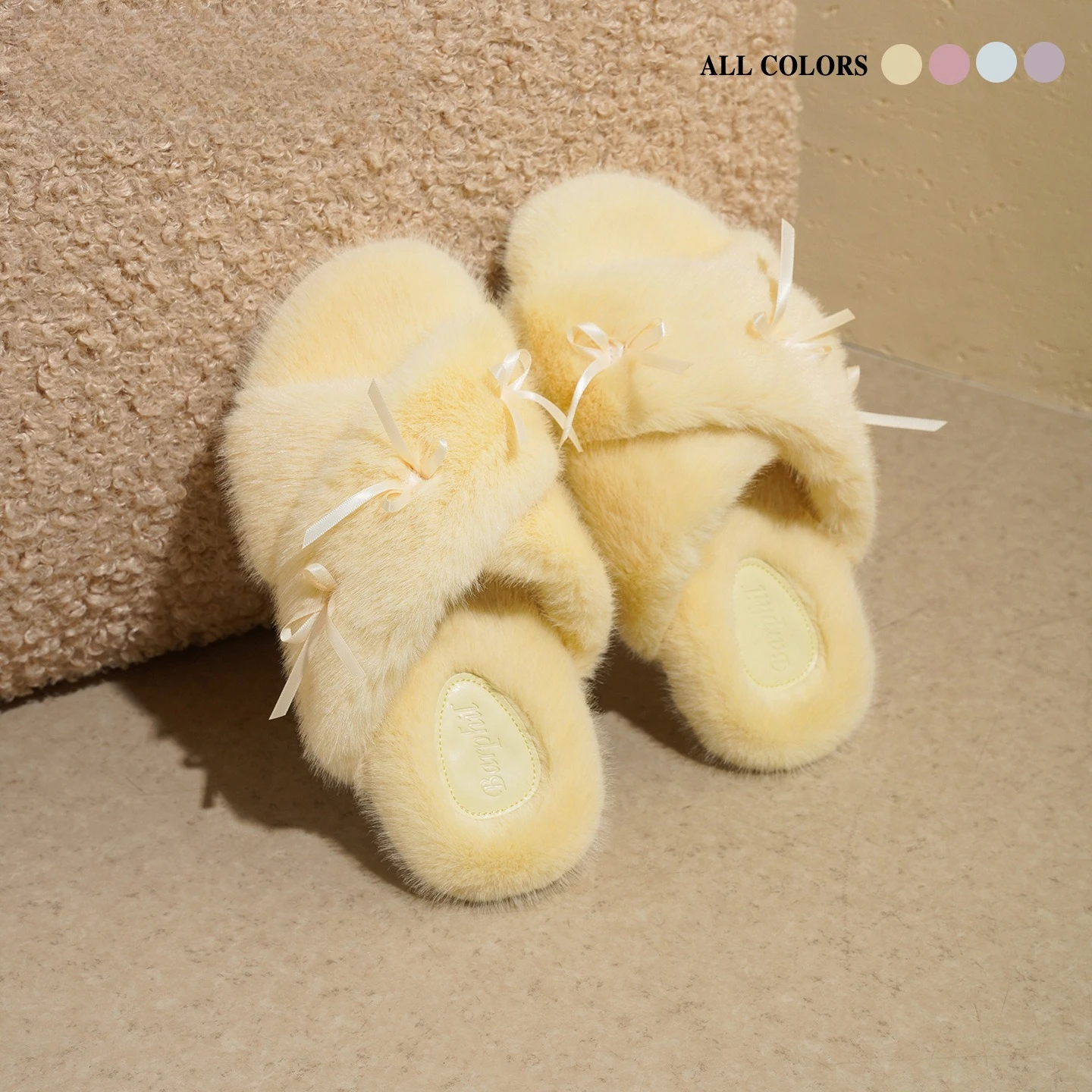 

Fashionable Ladies Indoor Winter Furry Slippers with Bow and Laces in Candy Colors for Warm Home Wear