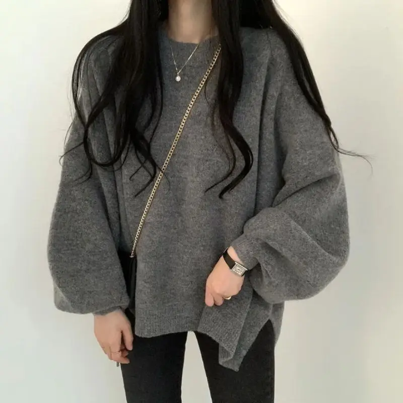 

Шикарный женский свободный круглый трикотаж, осень-зима, теплый длинный открытый свитер с разрезом, удобный повседневный топ средней длины