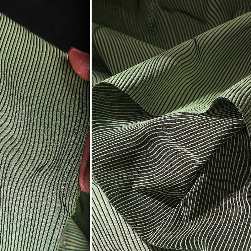 Green Line Jacquard Fabric 3D Stereoscopic Vision Illusion Polyester Double Color Folded Texture Coat Clothing Designer Fabrics