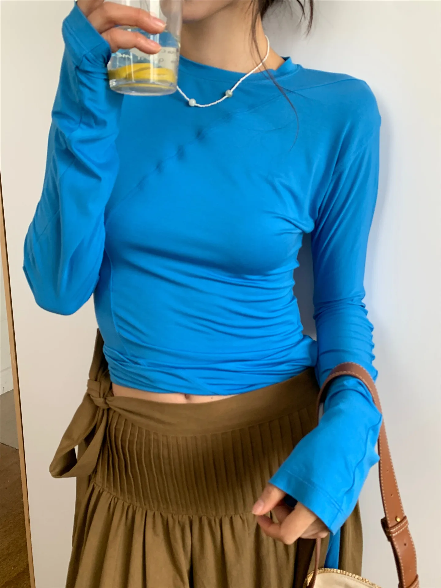

Trendy Long Sleeve T-Shirt with Fringe Hem Waist-Cinching Belted Slim Fit Casual Style Pure Color Design Breathable Ladies Top