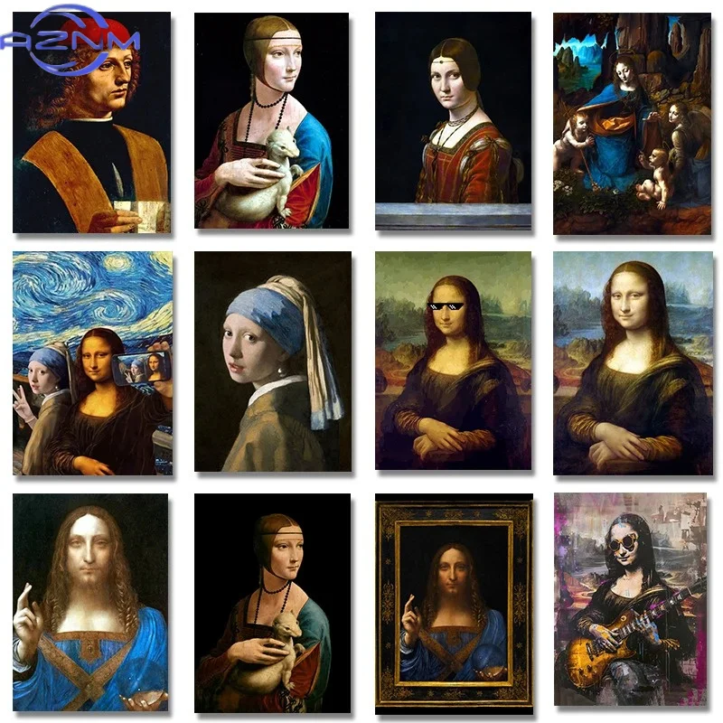 AZNM Célèbre œuvre d'art de Léonard de Vinci, Salvator Mundi, Mona Lisa, peinture sur toile, affiche imprimée, art mural pour le salon, décoration de la maison