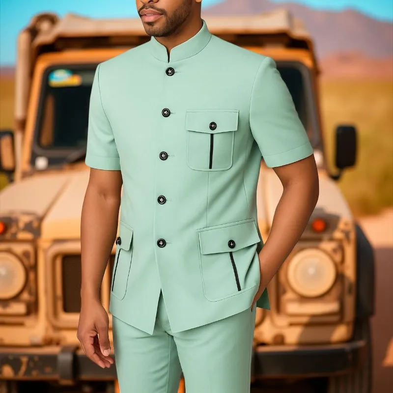 

Safari Men Suits with Short Sleeves Single Breasted Chinese Fashion Style Jacket with Pants 2 Pieces Custom Made Male Suit Set